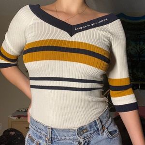 Ribbed V Neck Striped Sweater